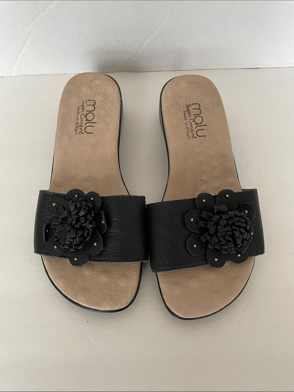 Malu Black Floral Leather Slide Sandals